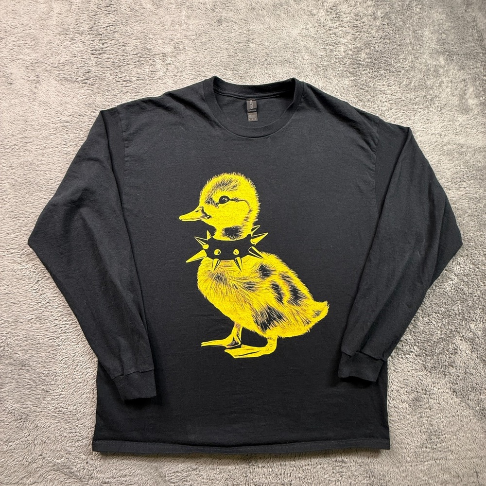 Punk Baby Duck Long Sleeve Tee Shirt Black Crew Neck Mens XL Fuzzy Chick